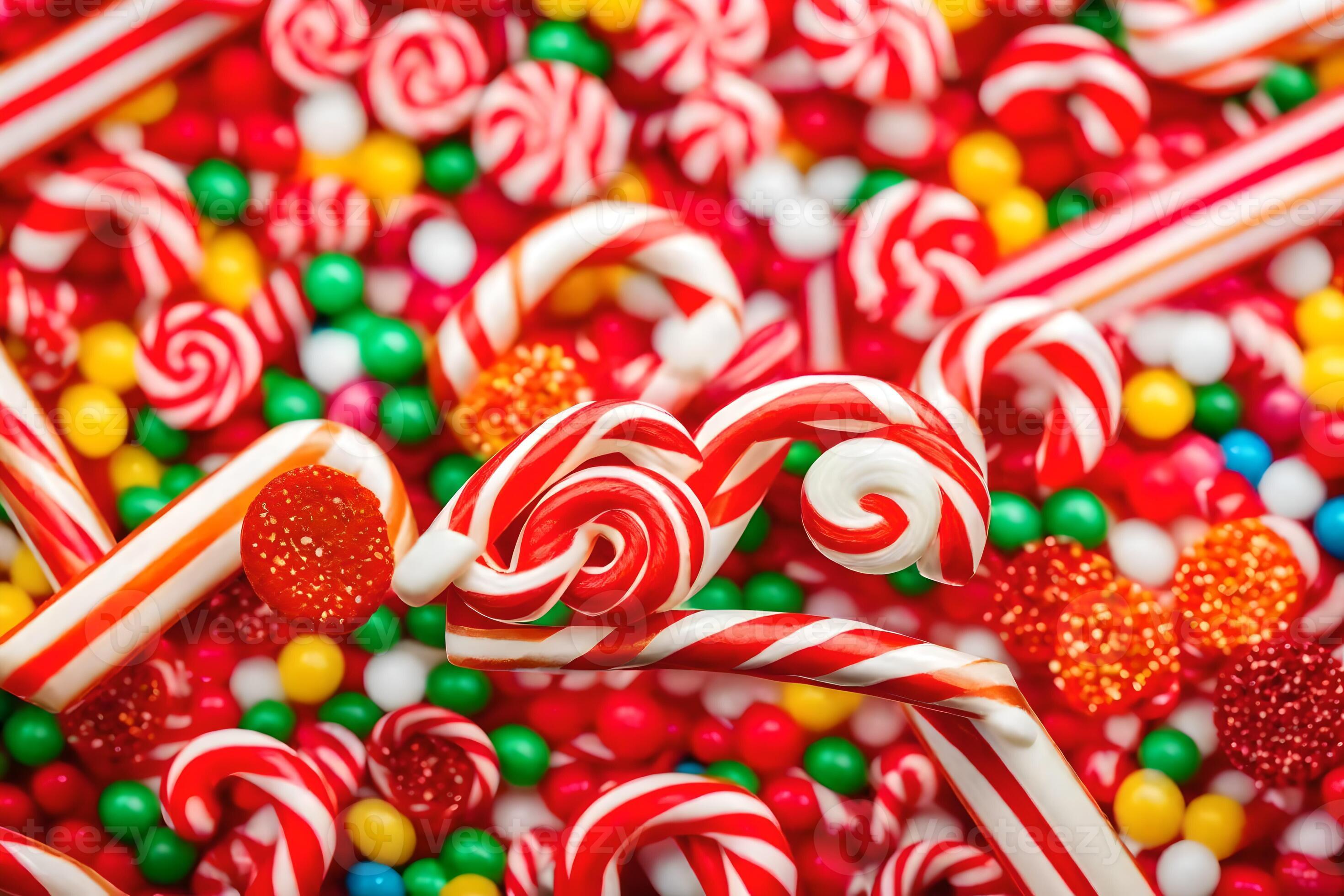 many candy canes and candy are scattered on a table. AIGenerated