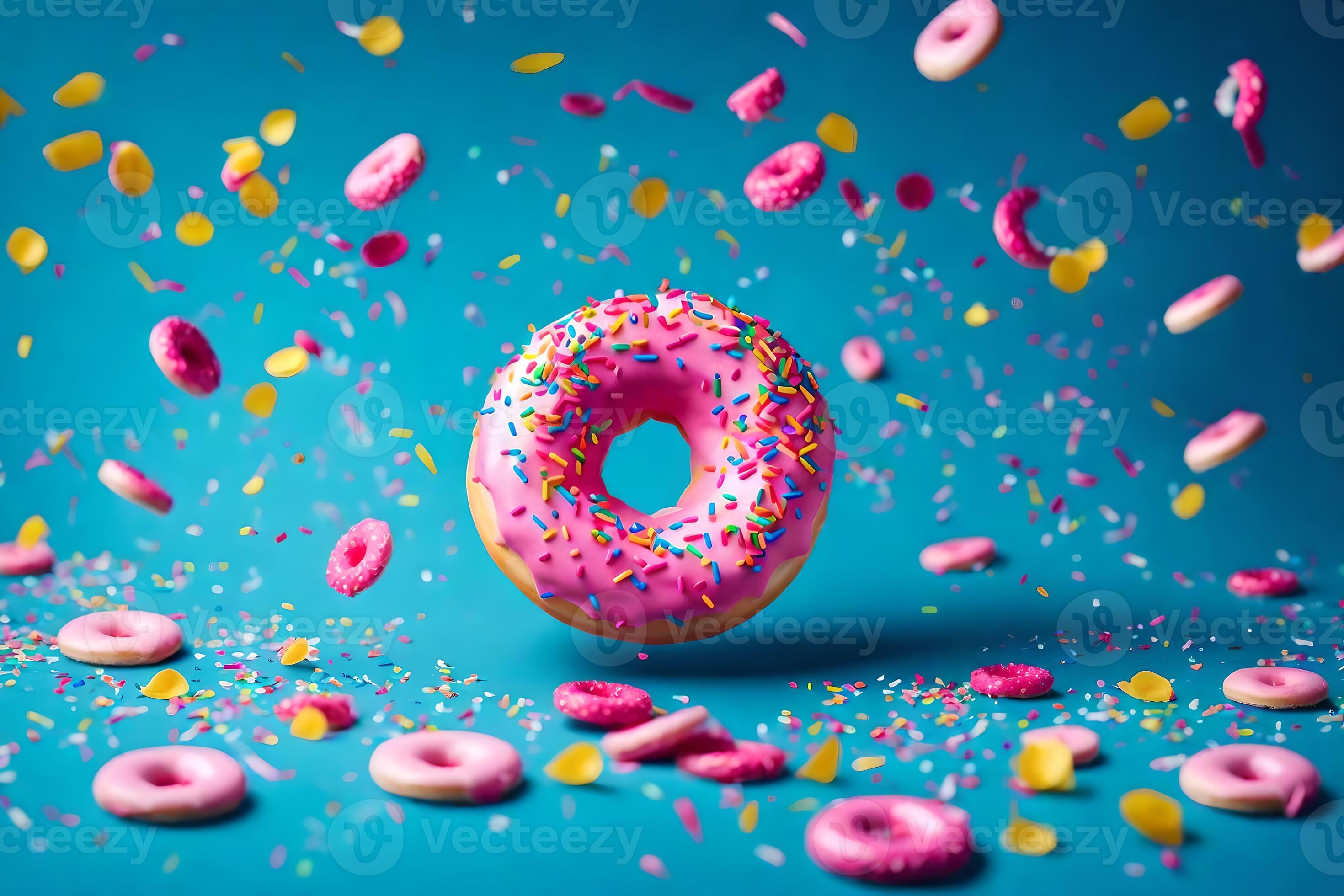 a donut with sprinkles and confetti falling from the sky. AIGenerated