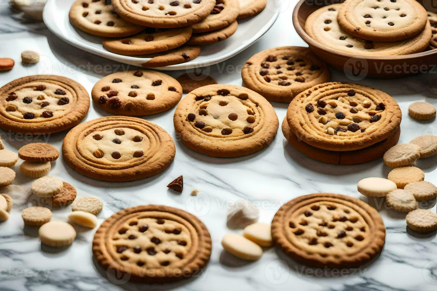 a variety of cookies and cookies on a marble table. AI-Generated photo