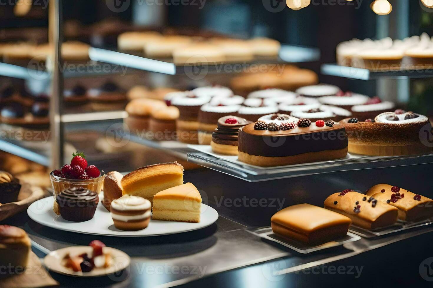 a bakery display with various types of pastries. AI-Generated photo