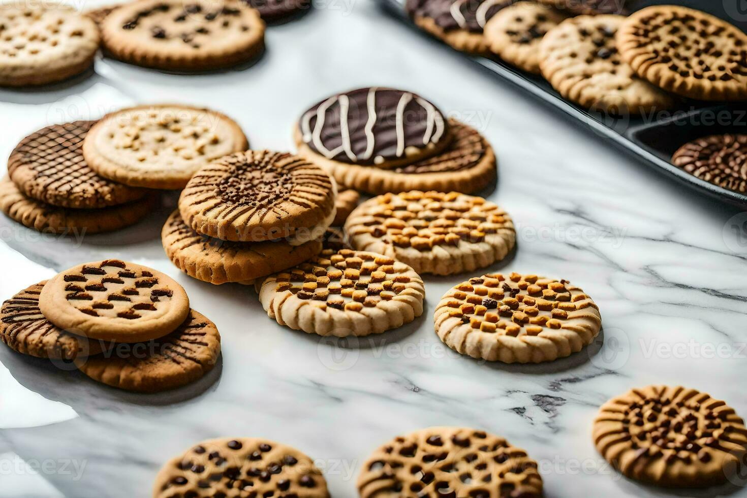 un variedad de galletas en un mármol encimera. generado por ai foto