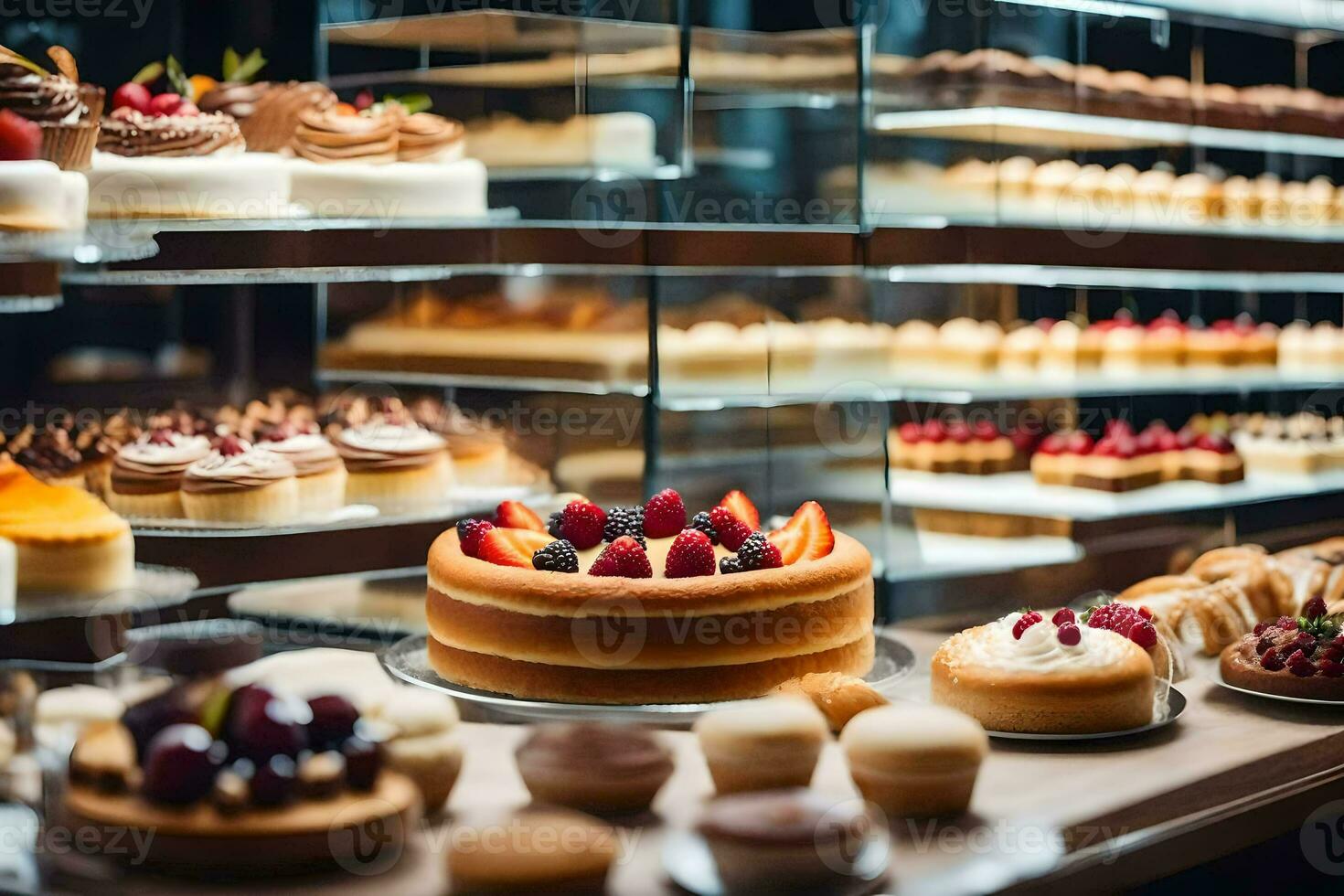 a bakery display case with many different types of cakes. AI-Generated photo