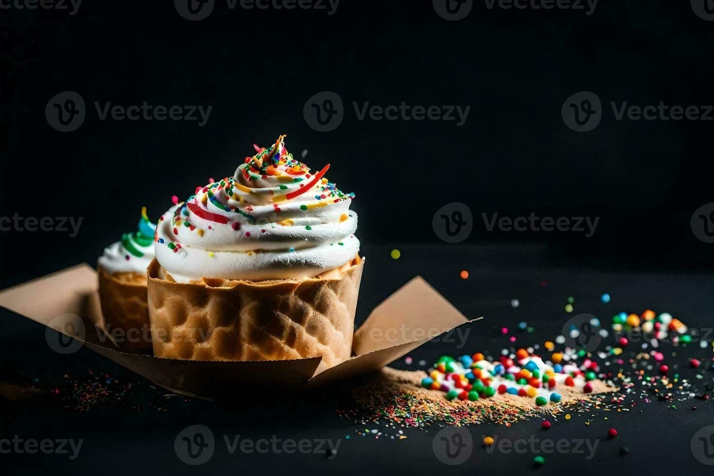 ice cream cone with whipped cream and sprinkles on a black background. AI-Generated photo