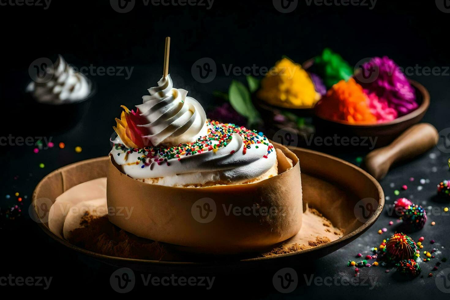 a dessert with whipped cream and sprinkles on a plate. AI-Generated photo