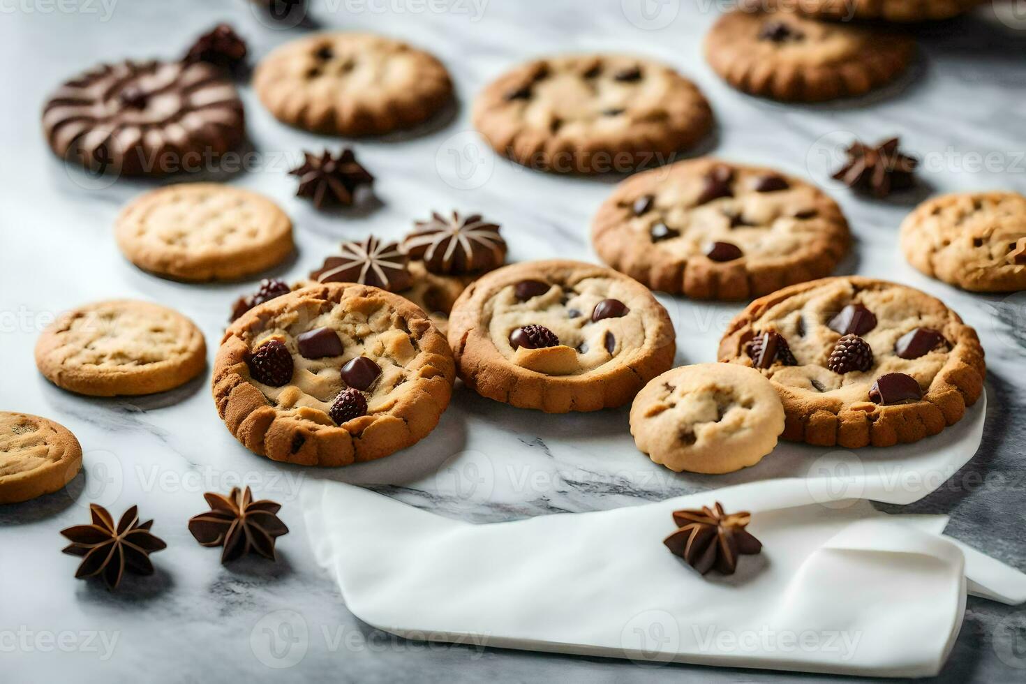 chocolate chip cookies on a marble countertop. AI-Generated photo