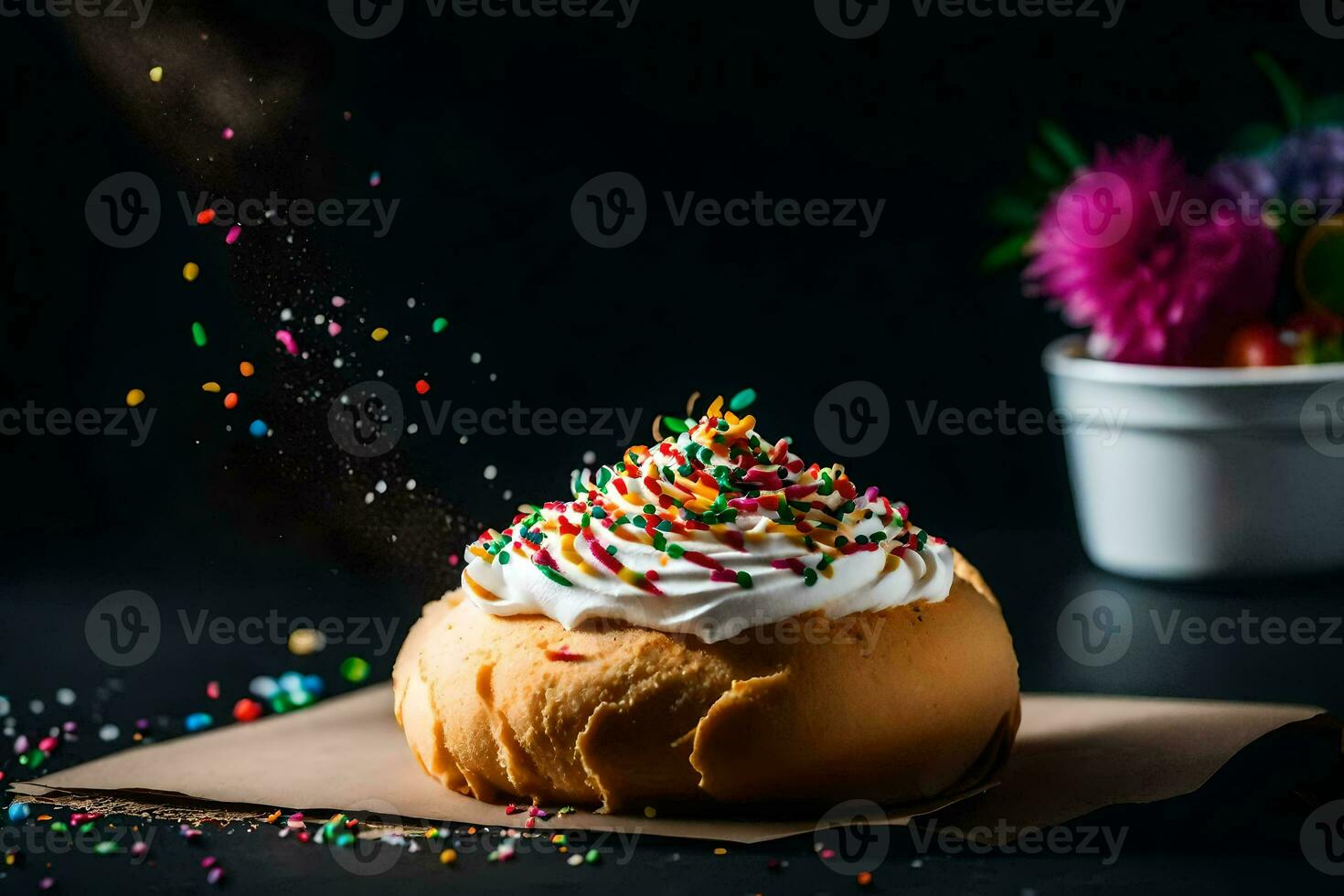 a donut with sprinkles and white frosting. AI-Generated photo