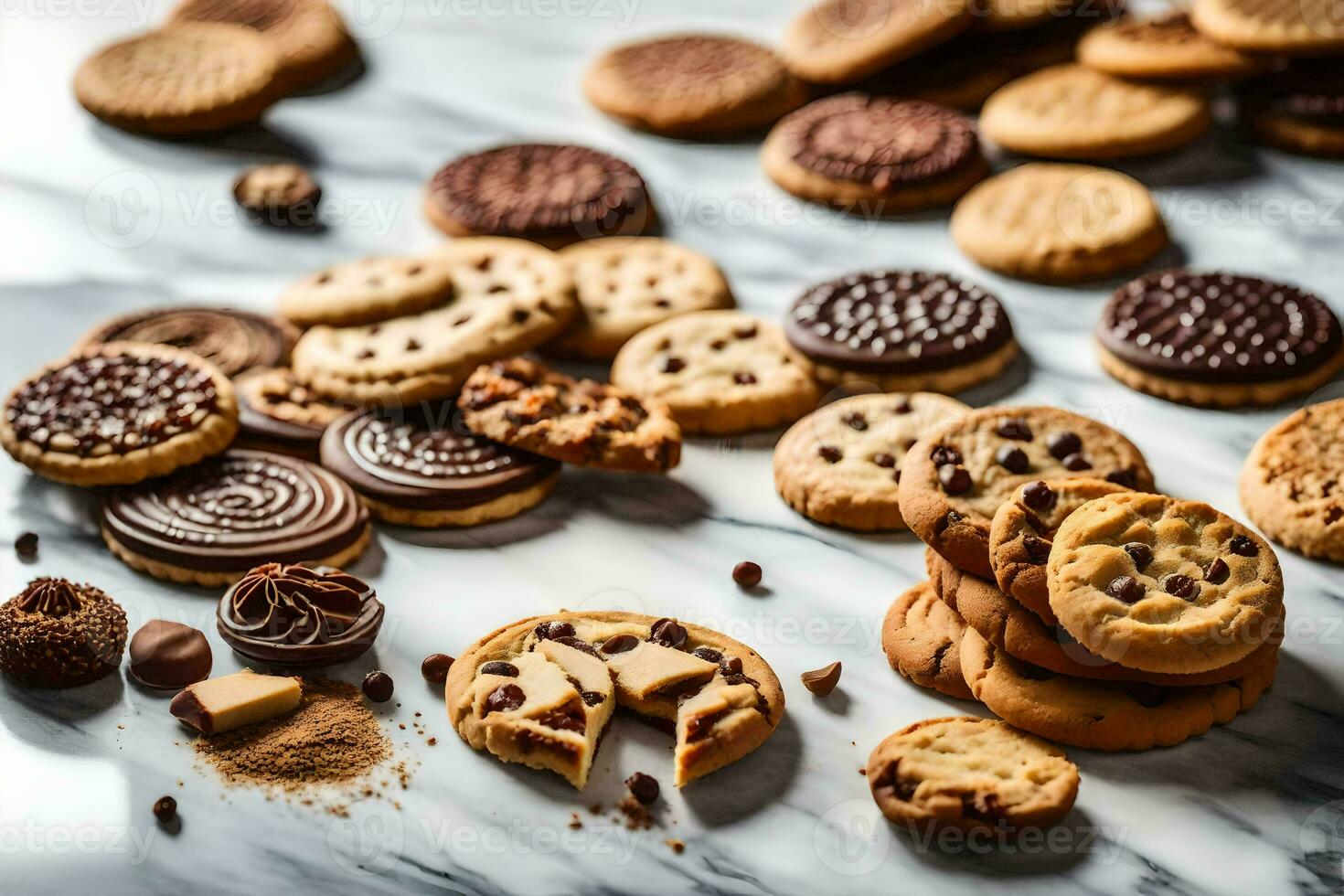 a pile of cookies and chocolate chips on a marble surface. AI-Generated photo