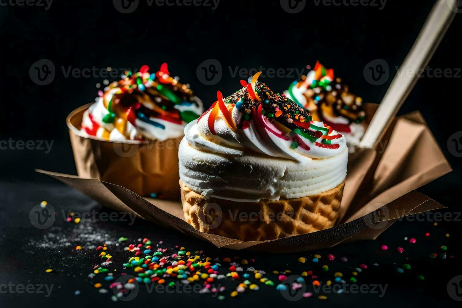 ice cream cones with sprinkles on a black background. AI-Generated photo