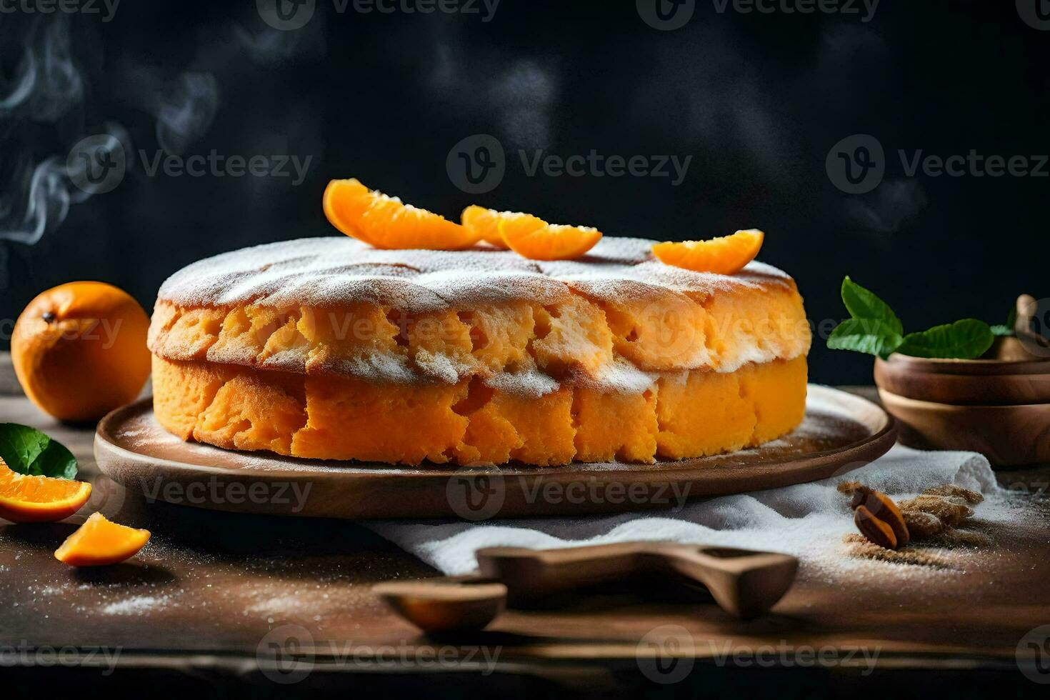 orange cake on a wooden plate. AI-Generated photo