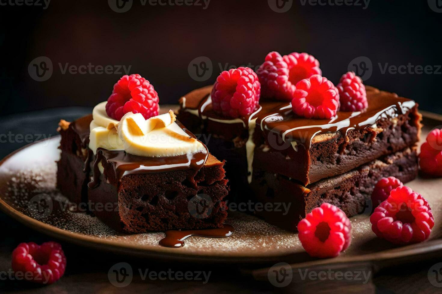 chocolate brownies with raspberries on a plate. AI-Generated photo