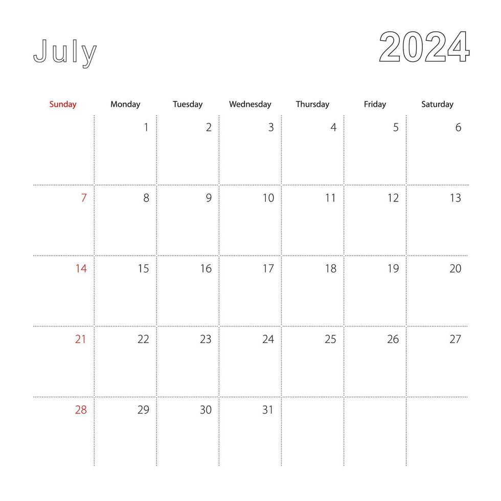 Simple wall calendar for July 2024 with dotted lines. The calendar is in English, week start from Sunday. vector