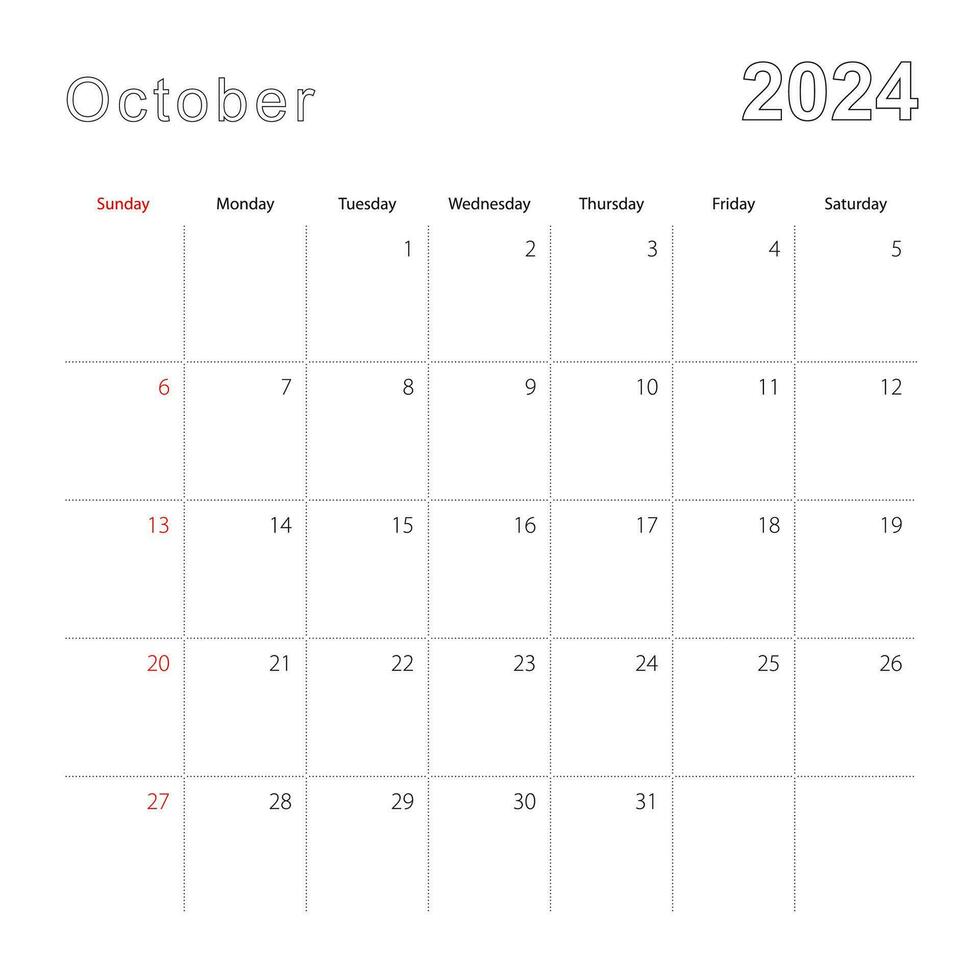 Simple wall calendar for October 2024 with dotted lines. The calendar is in English, week start from Sunday. vector