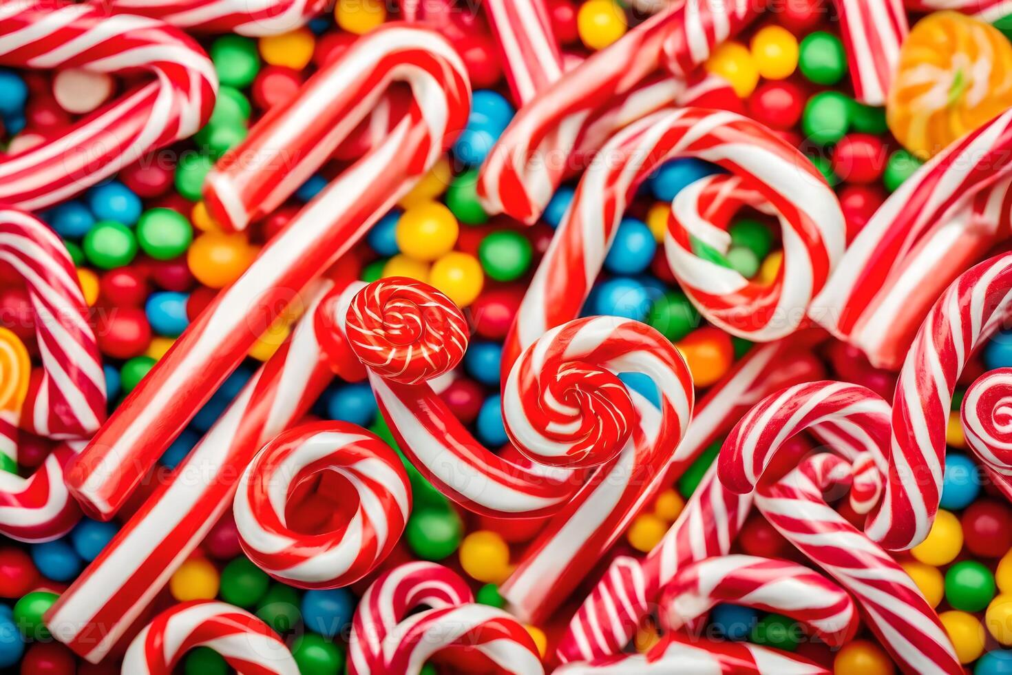 many candy canes are arranged in a pile. AIGenerated 33784117 Stock