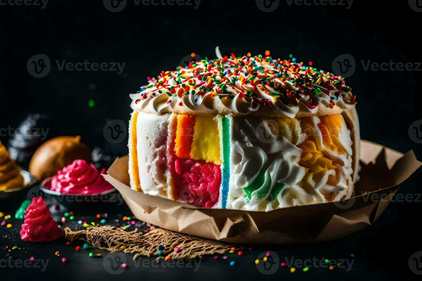 a cake with colorful sprinkles and frosting. AI-Generated photo