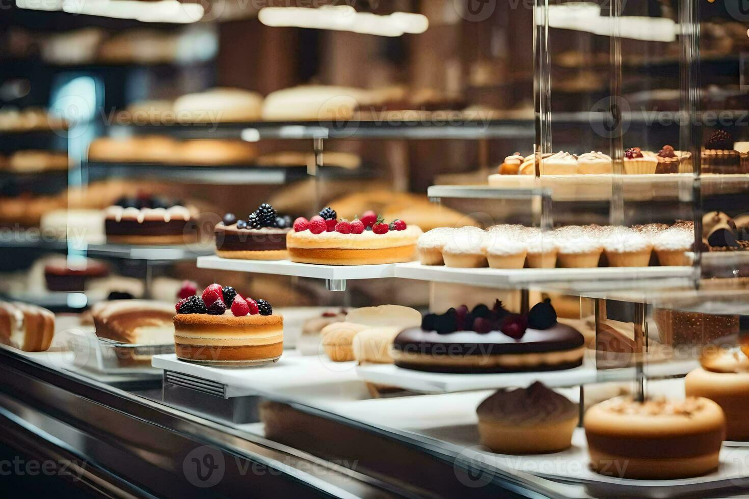 many different types of cakes are on display in a bakery. AI-Generated photo