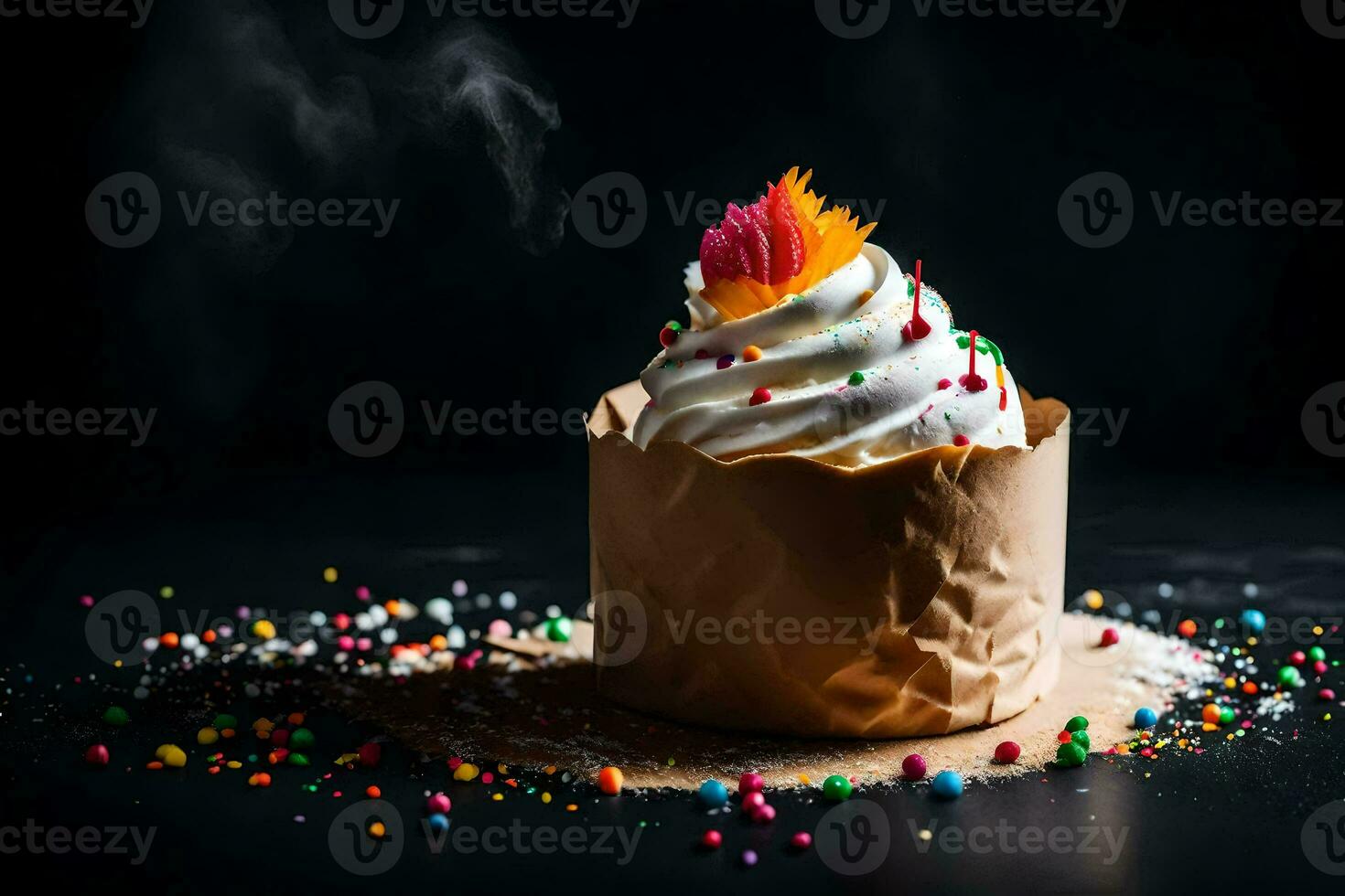 a cupcake with whipped cream and sprinkles on a black background. AI-Generated photo