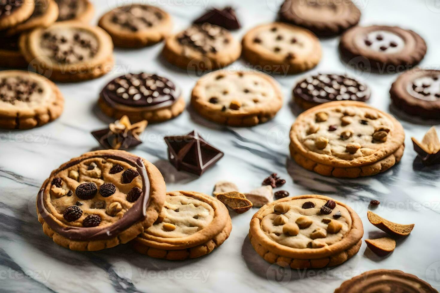 chocolate chip cookies on a marble countertop. AI-Generated photo