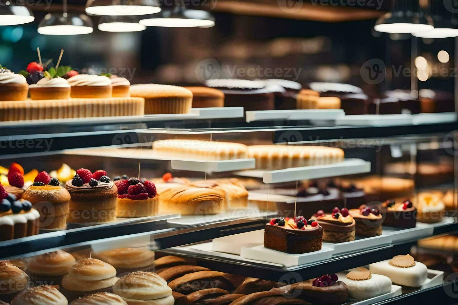 un panadería monitor caso con muchos diferente tipos de pasteles generado por ai foto