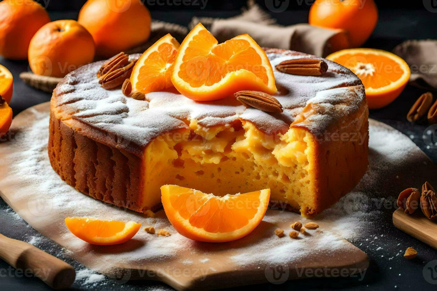 orange cake with pecans and oranges on a wooden cutting board. AI-Generated photo