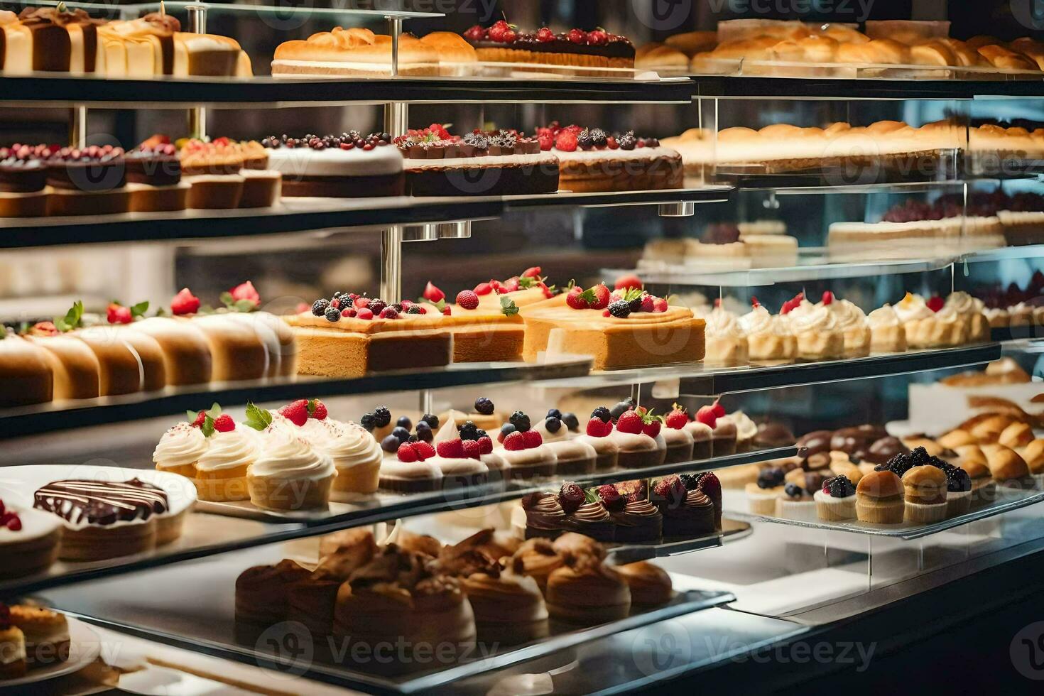 many different types of cakes are on display in a bakery. AI-Generated photo