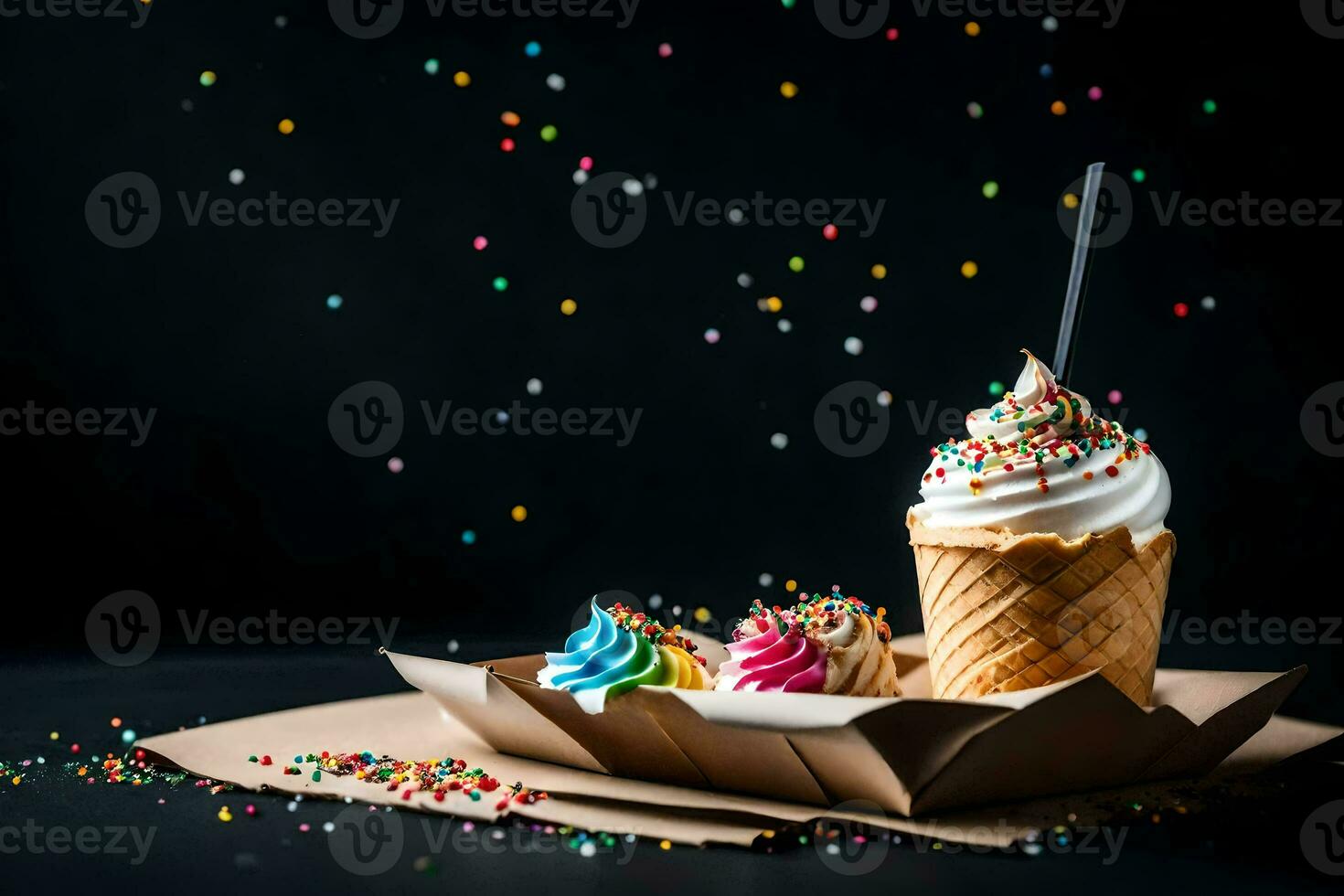 ice cream in a waffle cone with sprinkles on a black background. AI-Generated photo