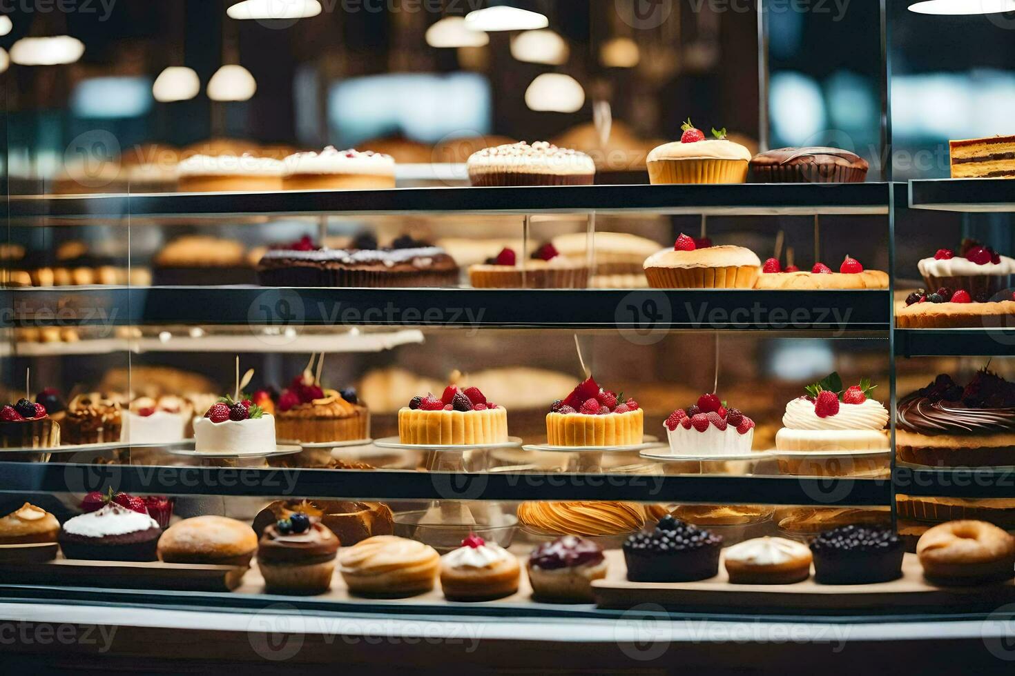 a display case filled with various types of cakes. AI-Generated photo