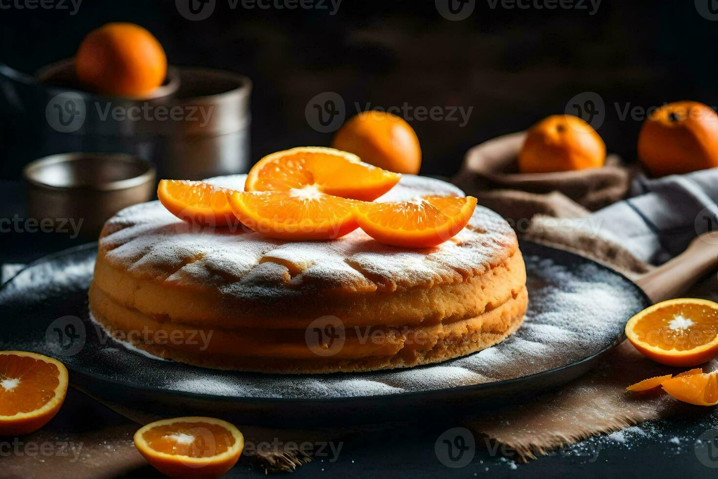 orange cake on a black background. AI-Generated photo