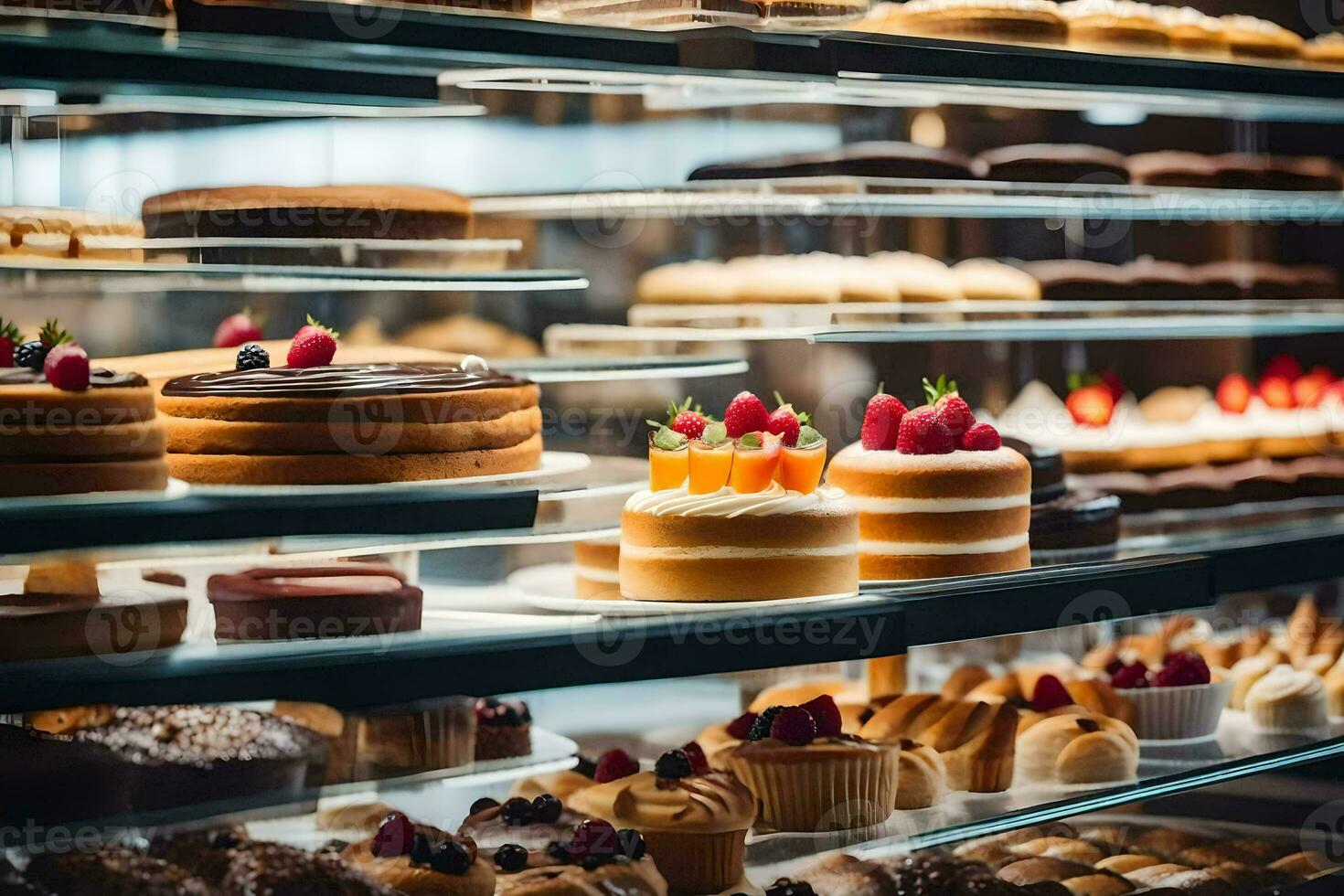 many different types of cakes are on display in a glass case. AI-Generated photo