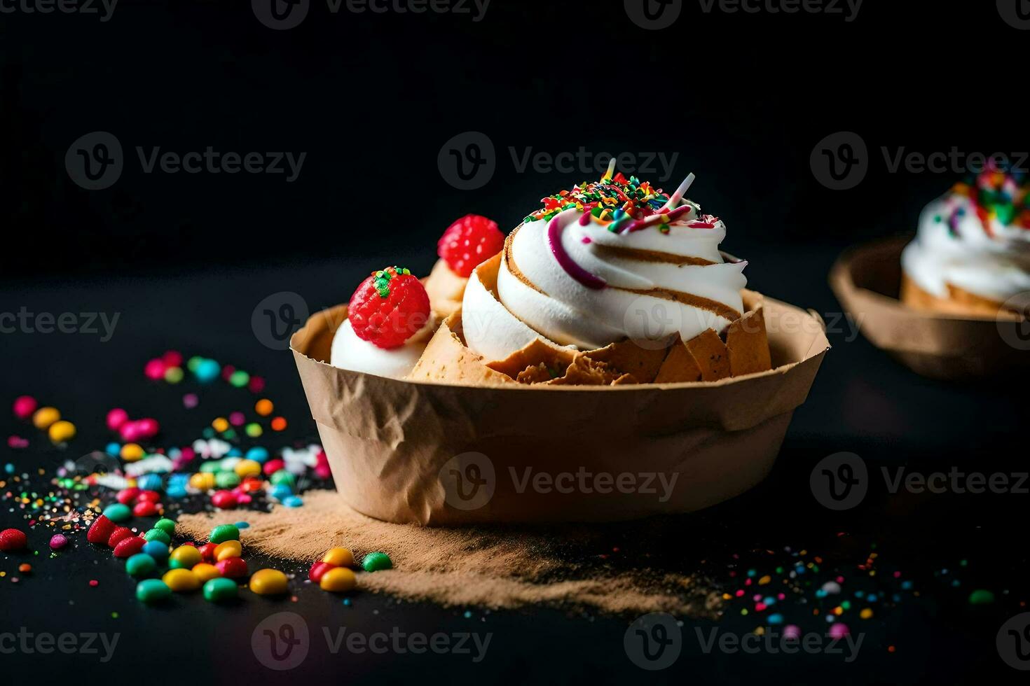 ice cream in a paper cup with sprinkles. AI-Generated photo