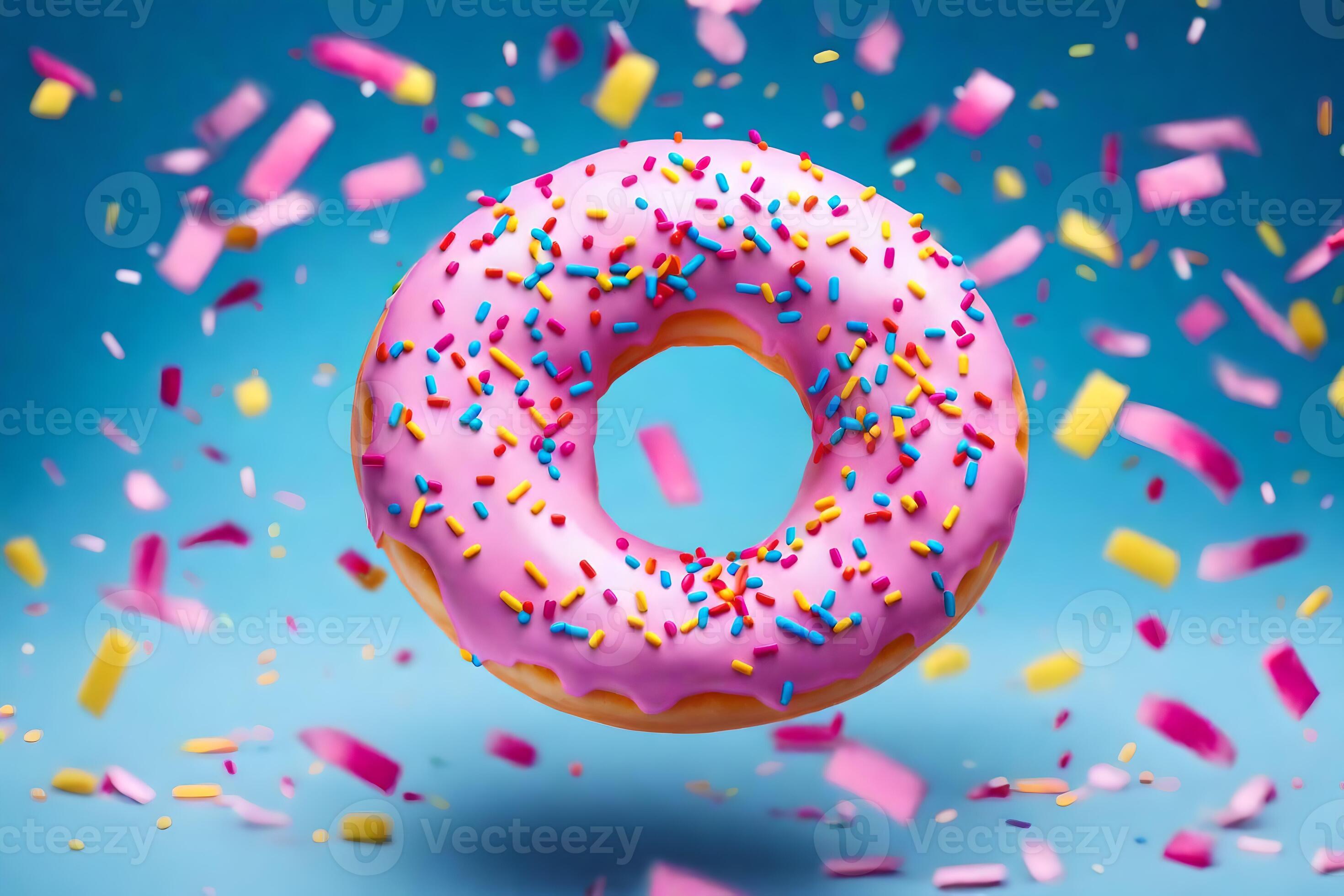 a donut with sprinkles and confetti on a blue background. AIGenerated