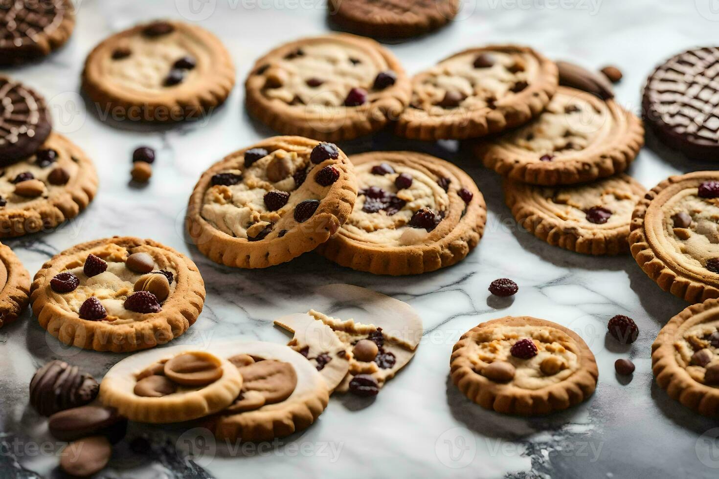 chocolate chip cookies on a marble countertop. AI-Generated photo