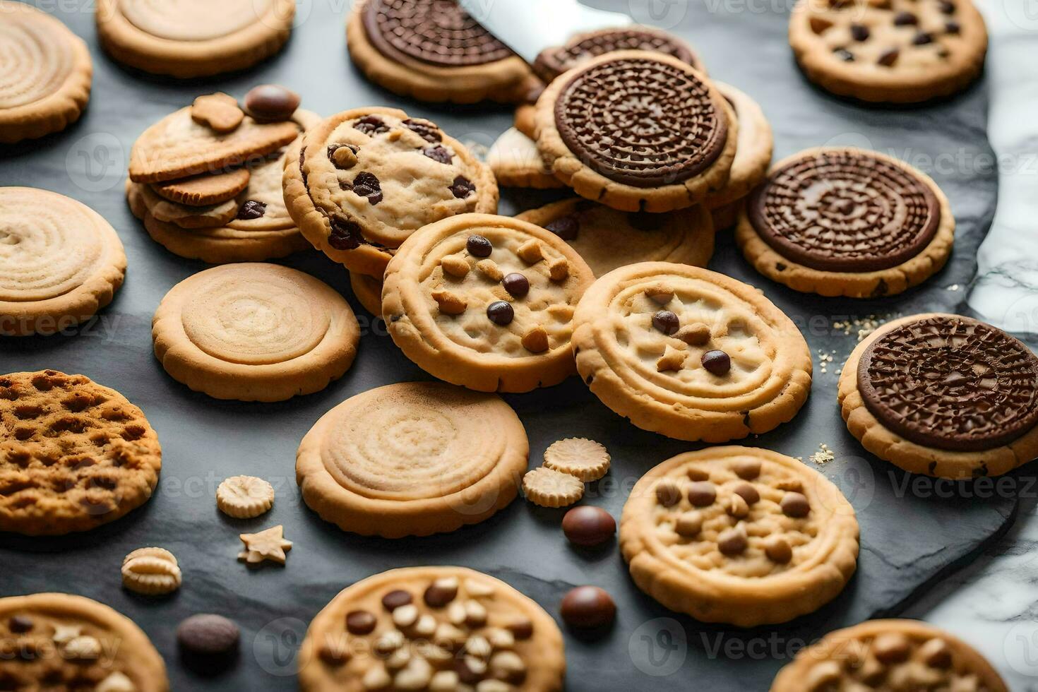 a close up of cookies and chocolate chips. AI-Generated photo