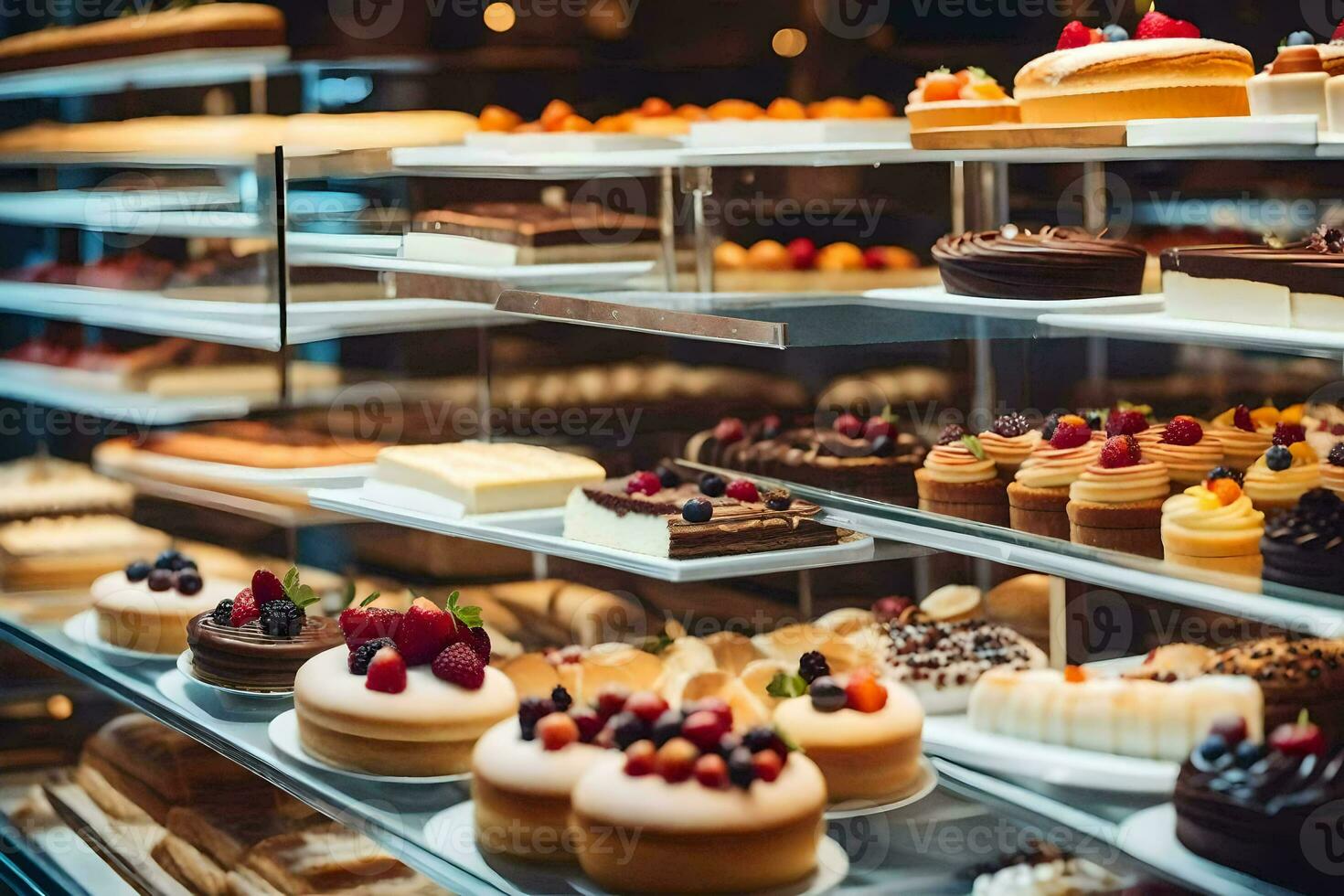 muchos diferente tipos de pasteles son en monitor en un panadería. generado por ai foto