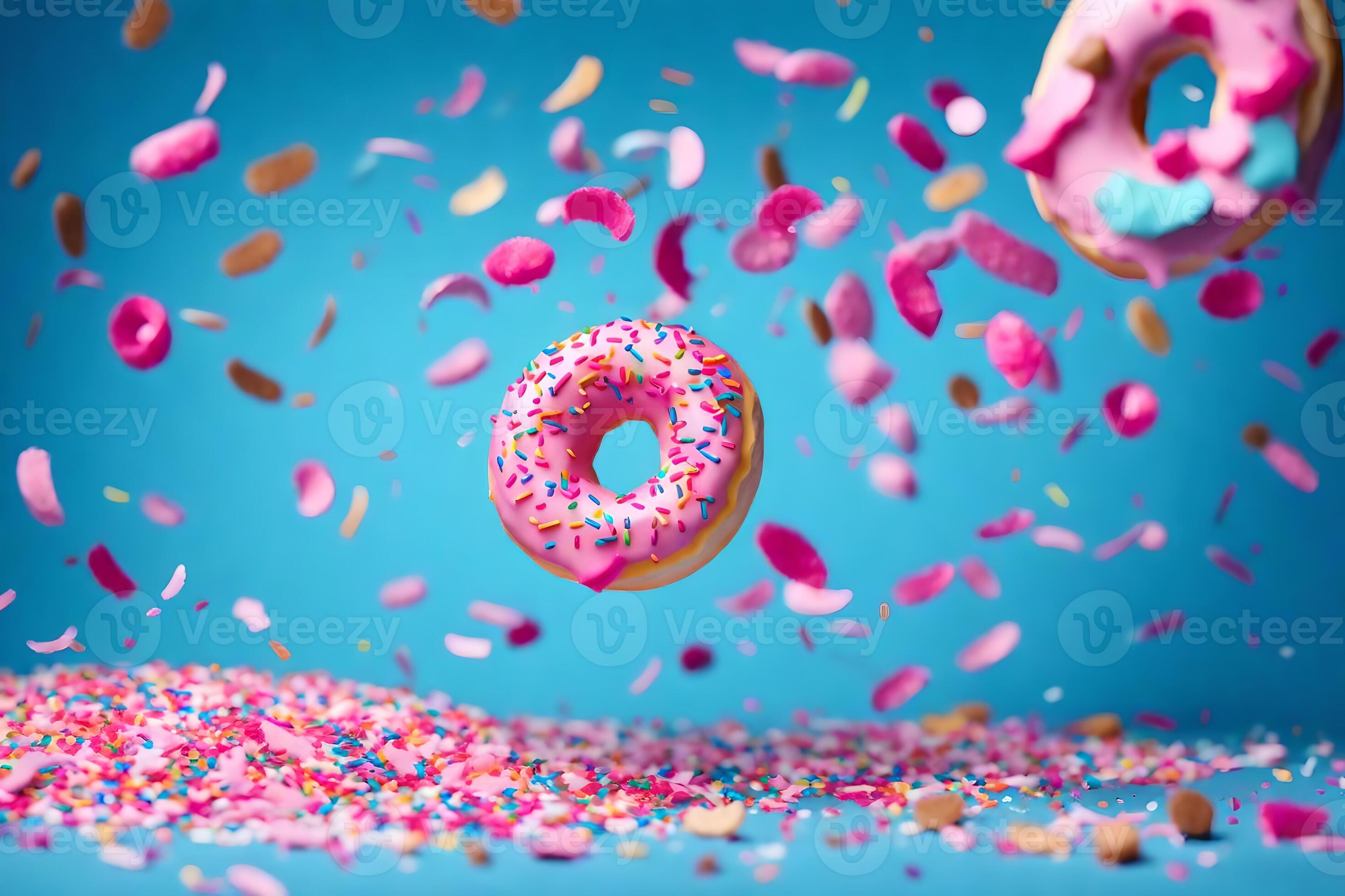 donuts with sprinkles and confetti on a blue background. AIGenerated