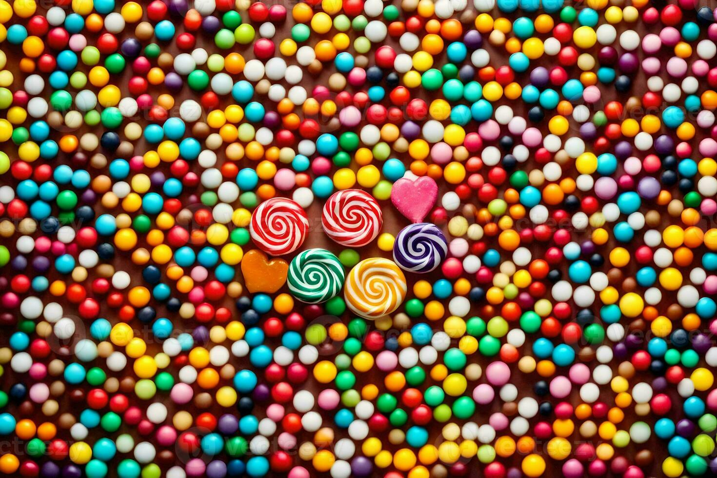 colorful candy balls and lollipops on a table. AI-Generated photo