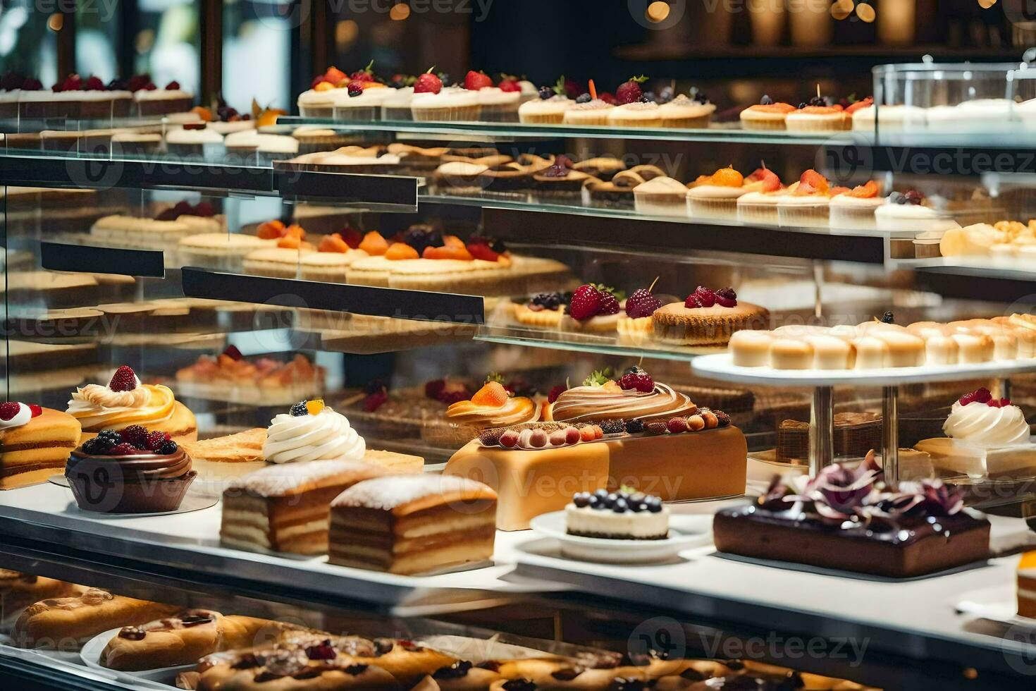 a display case filled with various types of pastries. AI-Generated photo