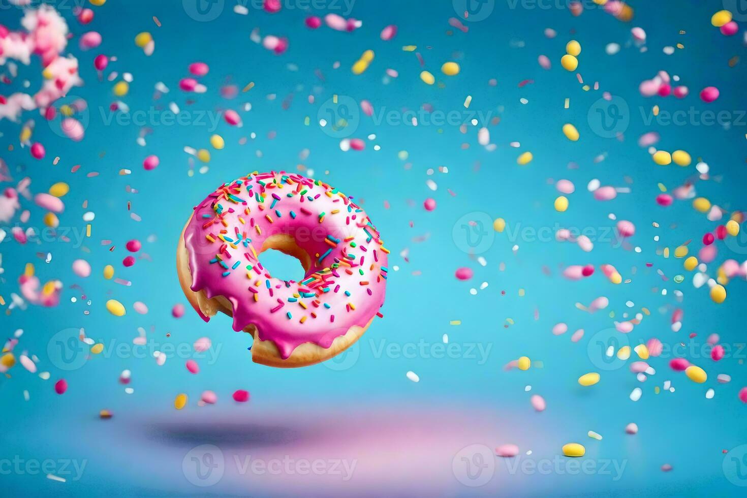 a donut with sprinkles on a blue background. AI-Generated photo