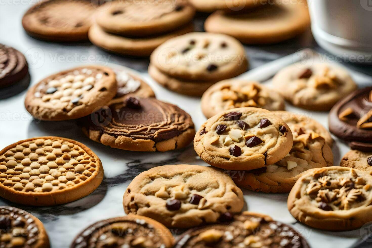 a variety of cookies and cookies on a marble counter. AI-Generated photo