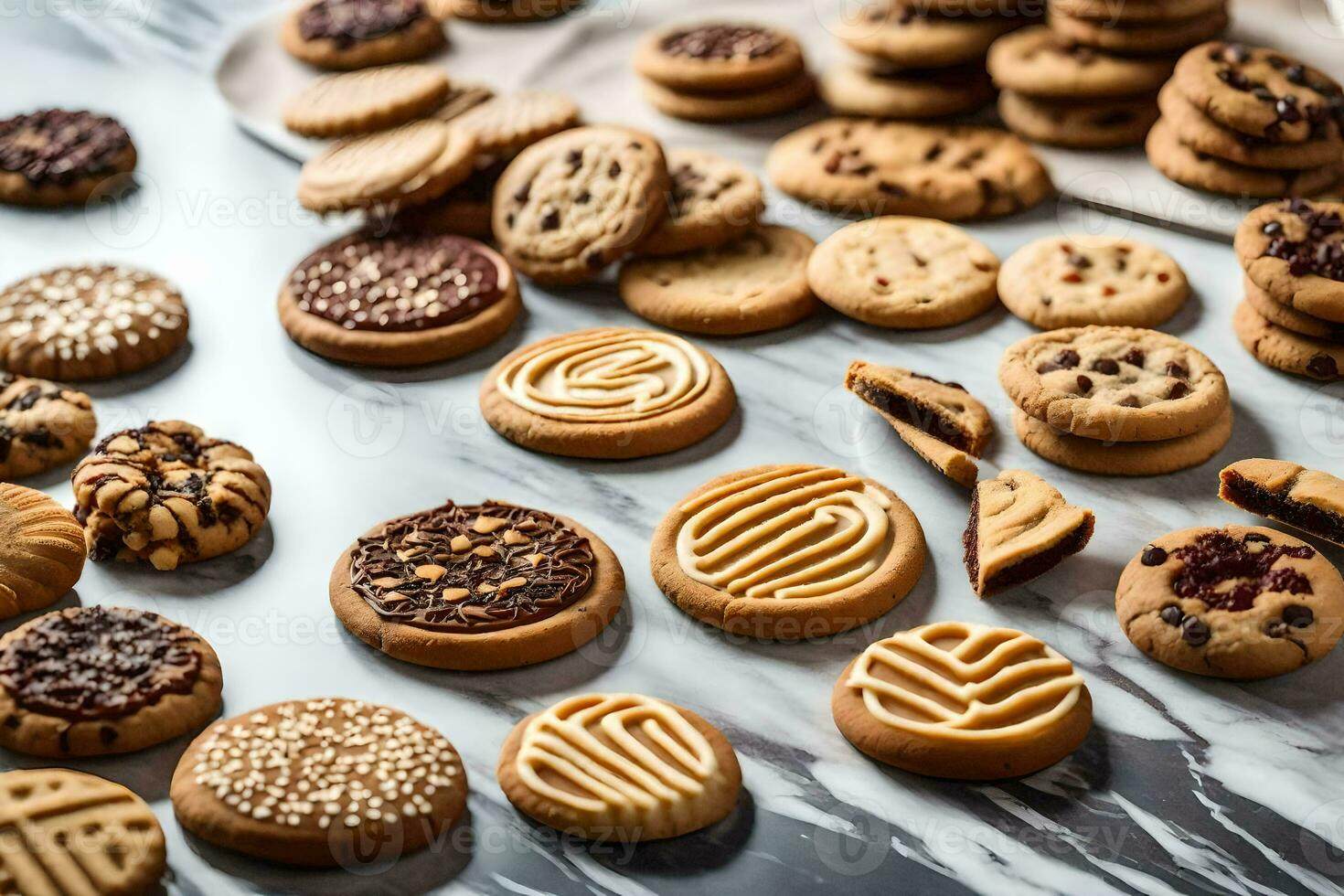 a variety of cookies and cookies on a marble counter. AI-Generated photo