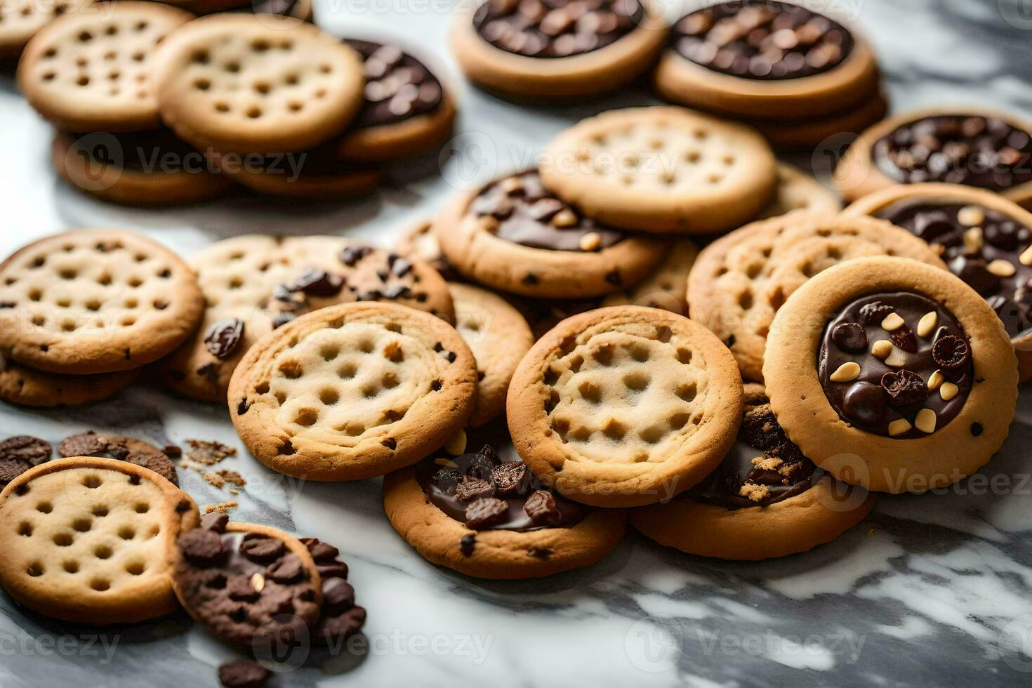 a pile of cookies with chocolate chips on top. AI-Generated photo