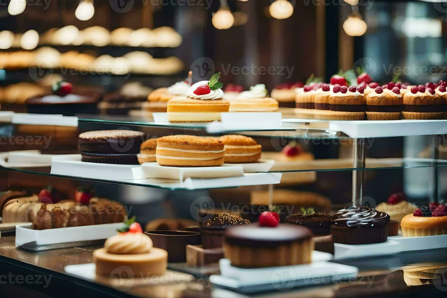 muchos diferente tipos de pasteles son en monitor en un panadería. generado por ai foto