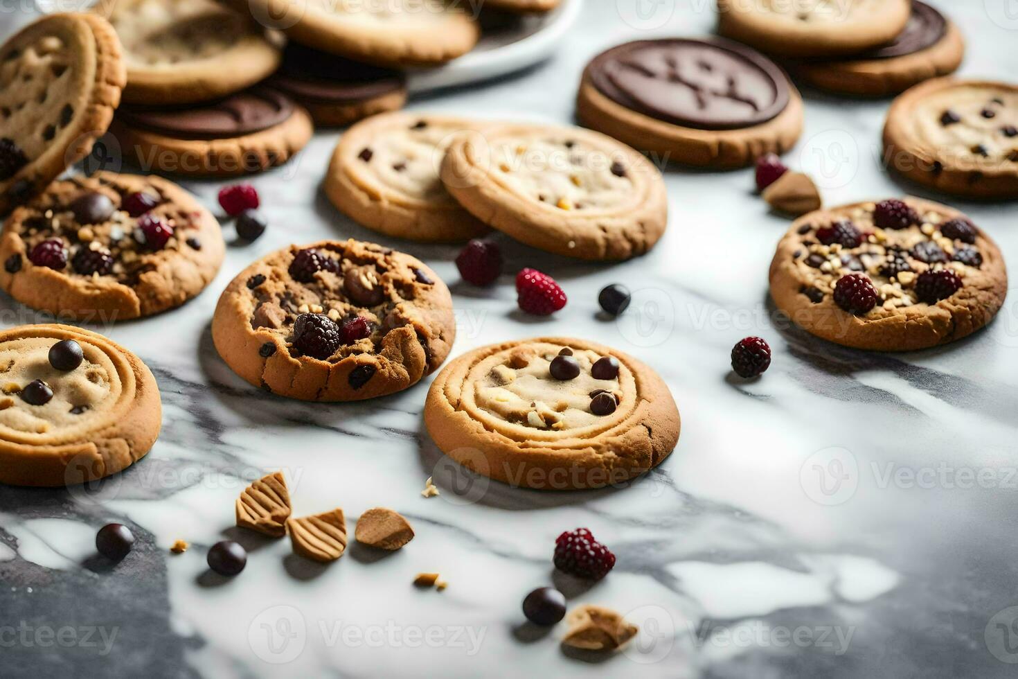 a variety of cookies on a marble counter. AI-Generated photo