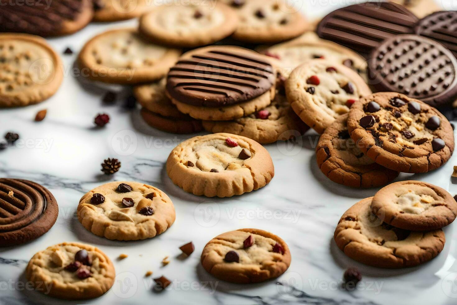 chocolate chip cookies on a marble countertop. AI-Generated photo