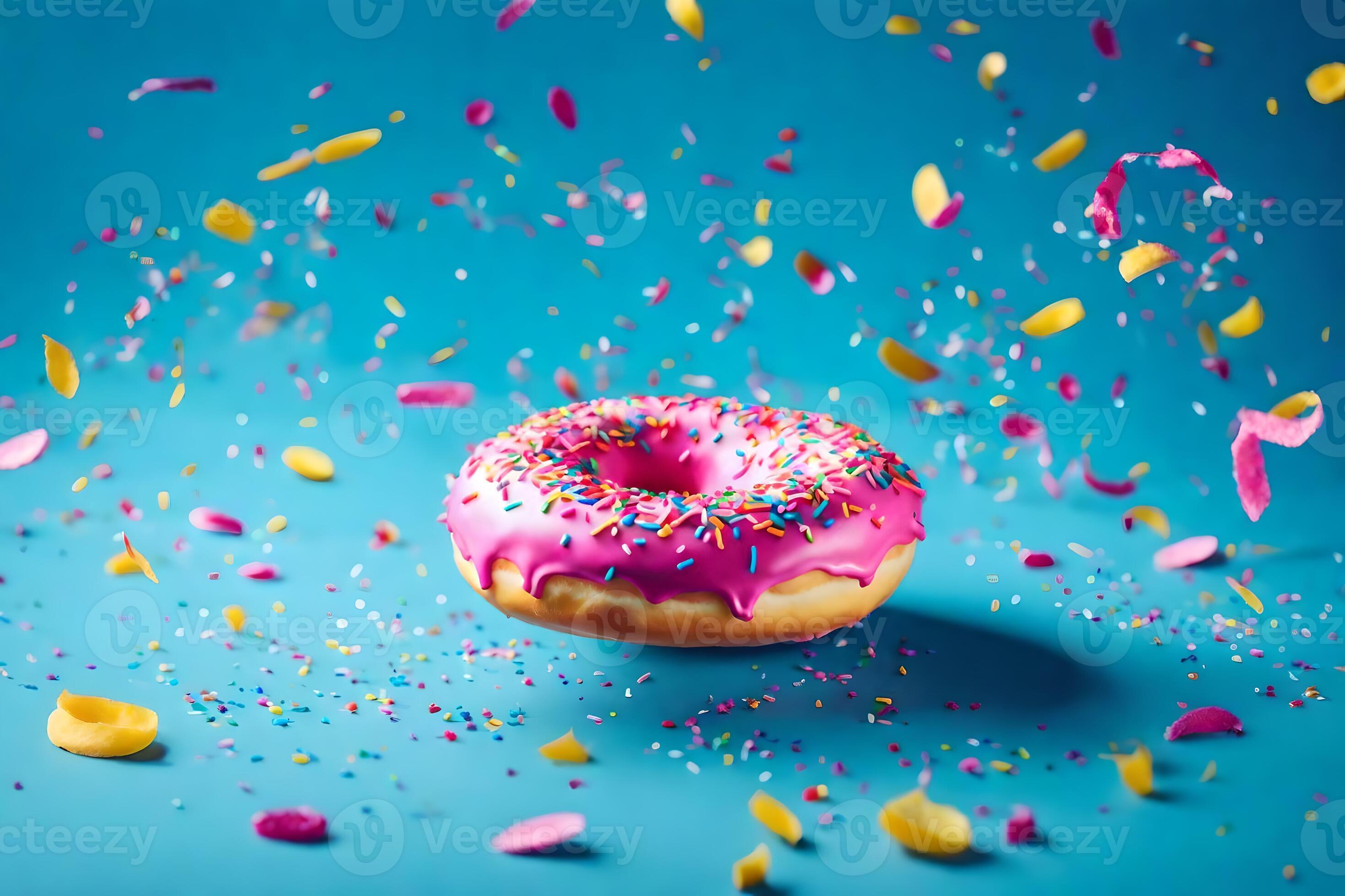 a donut with sprinkles and confetti on a blue background. AIGenerated