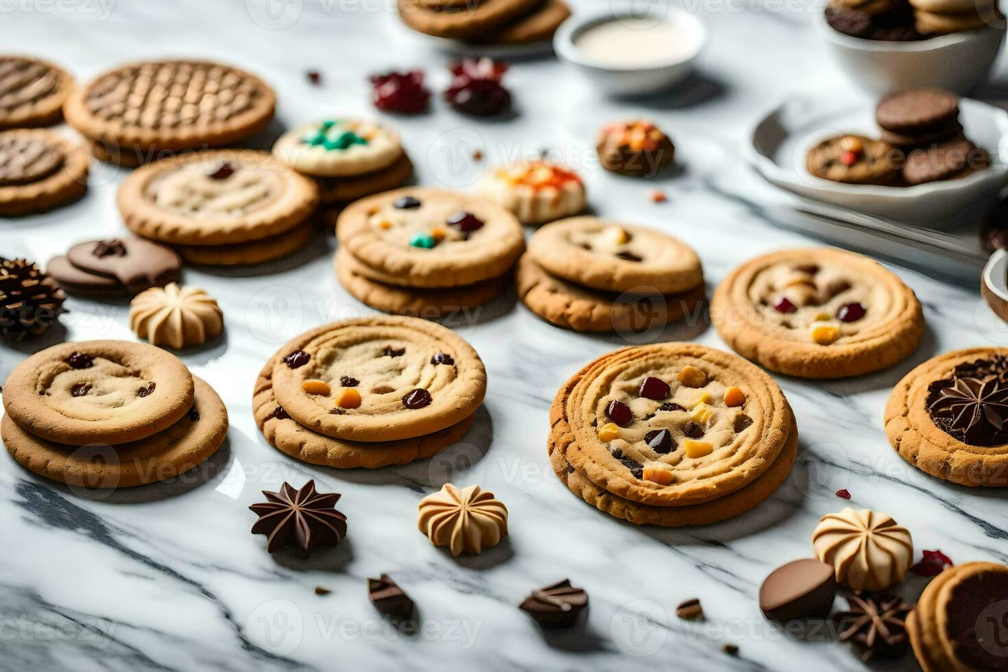 a variety of cookies and other treats on a marble table. AI-Generated photo