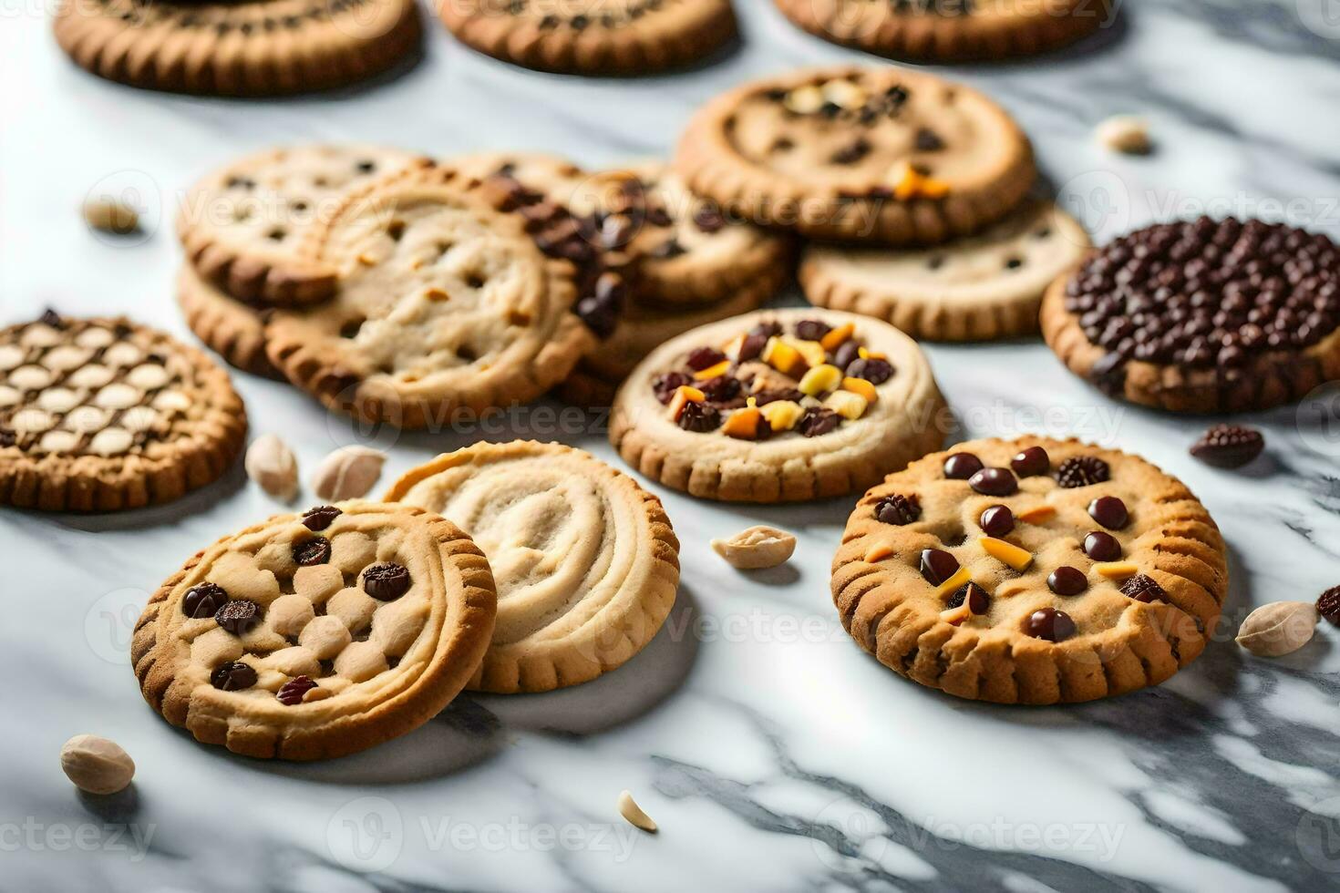 a variety of cookies on a marble counter. AI-Generated photo