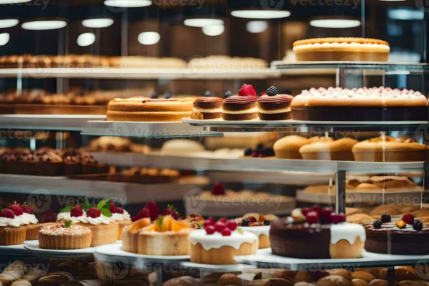 many different types of cakes are on display in a bakery. AI-Generated photo