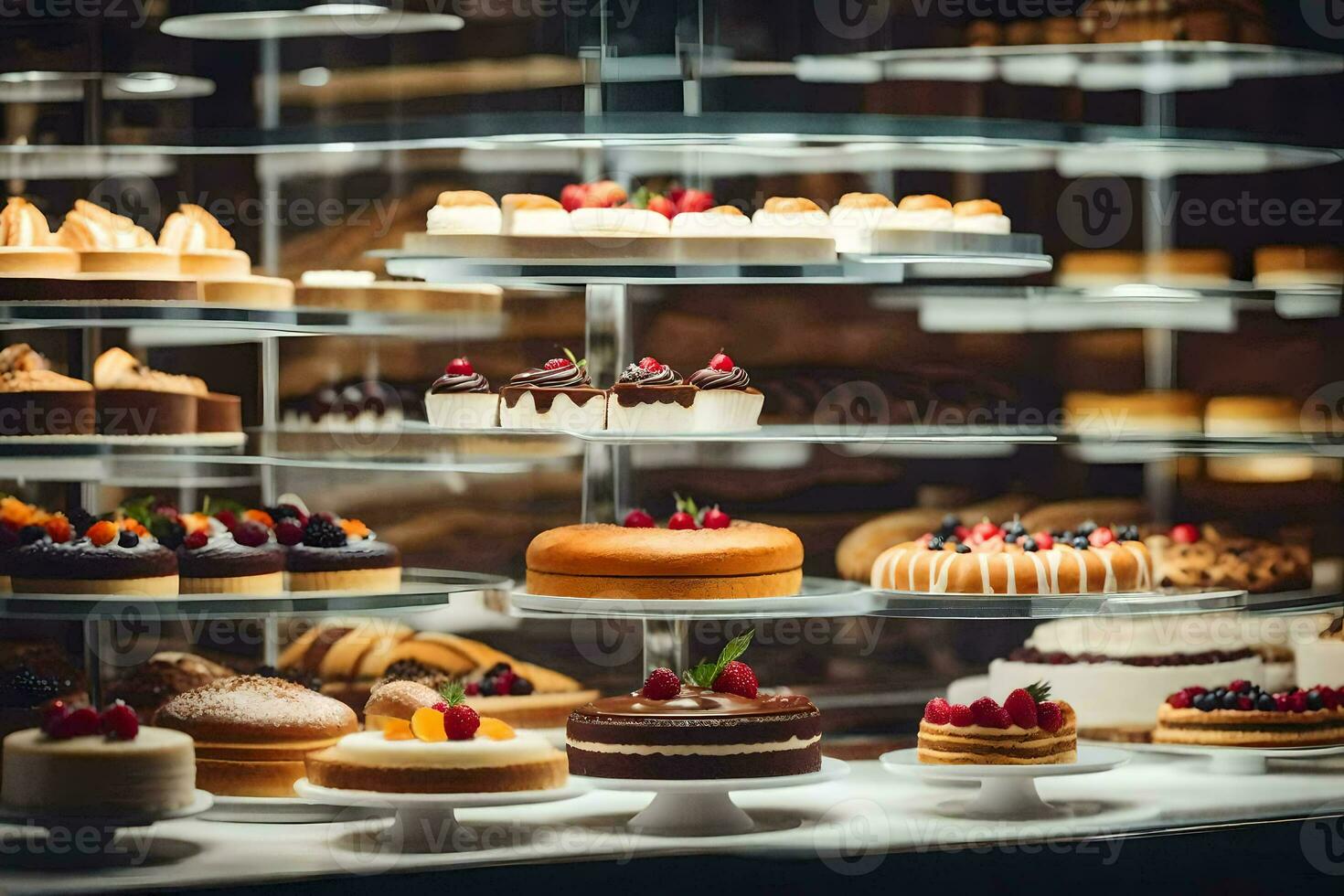 many different types of cakes are on display in a bakery. AI-Generated photo