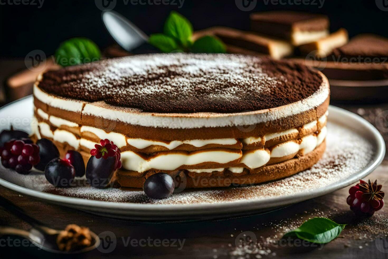 a chocolate cake with cream and berries on a plate. AI-Generated photo