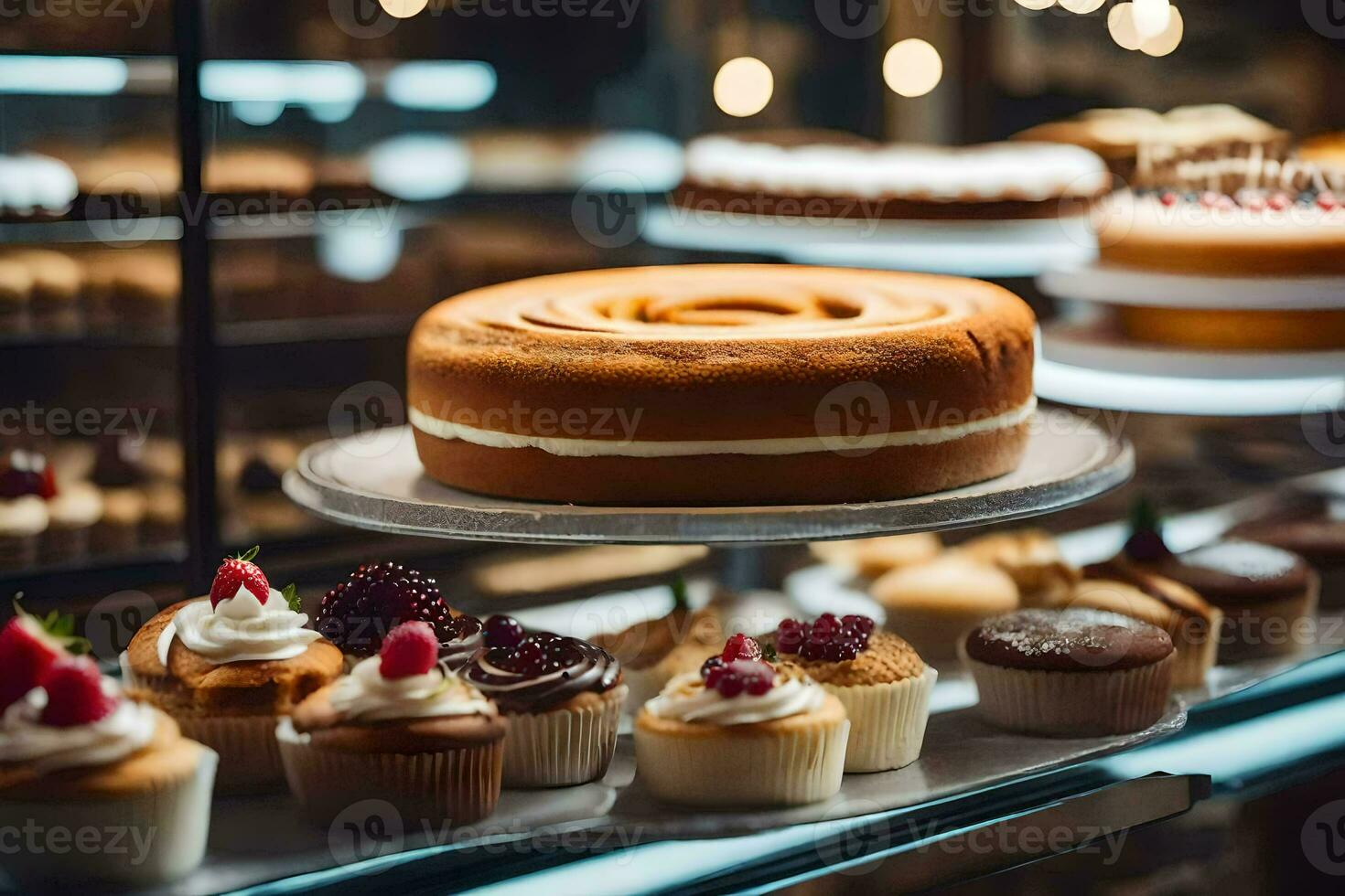 a display of cakes and cupcakes in a bakery. AI-Generated photo